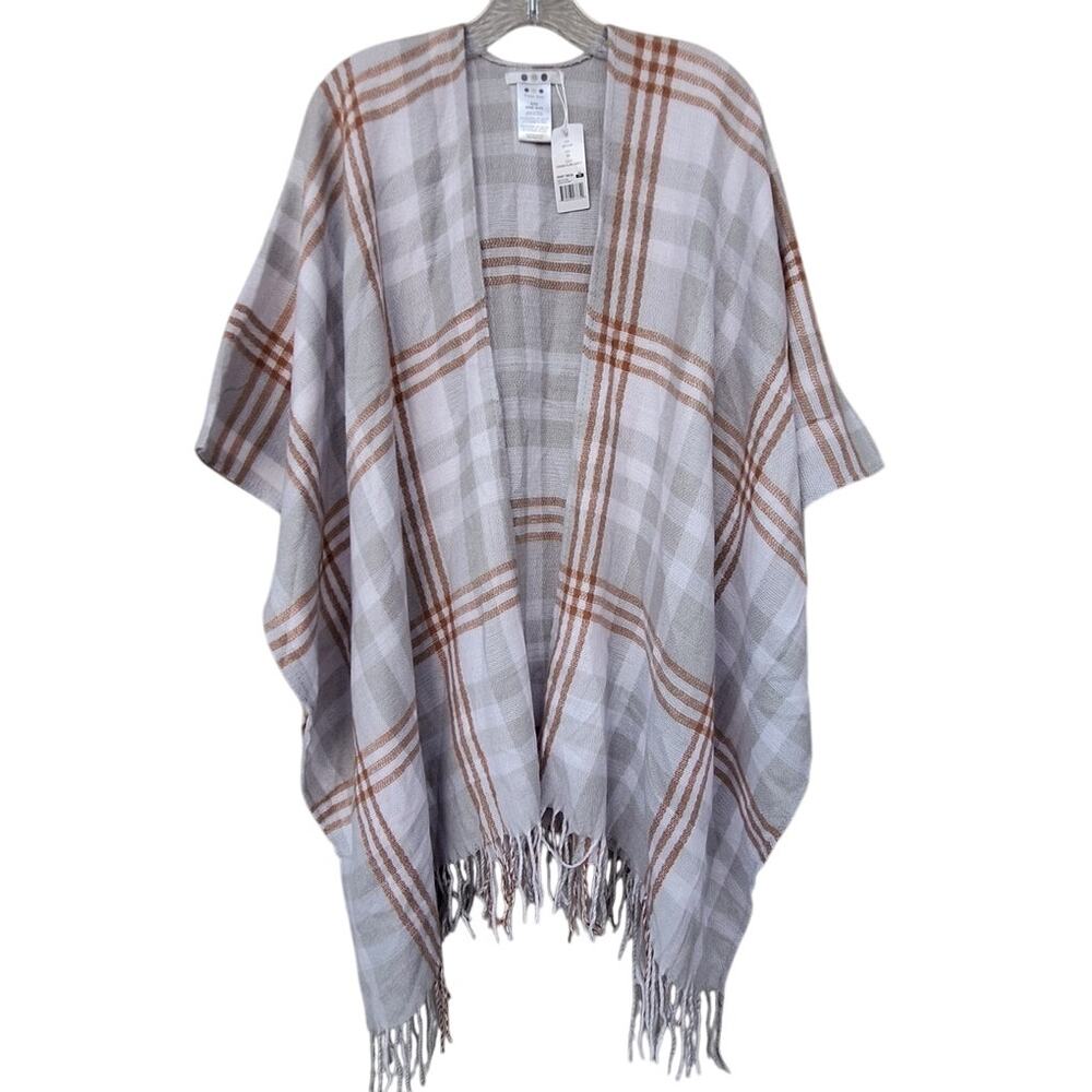 Three Dots Viscose Cashmere Plaid Gray Tan Wrap Shawl Open Poncho O/S $98